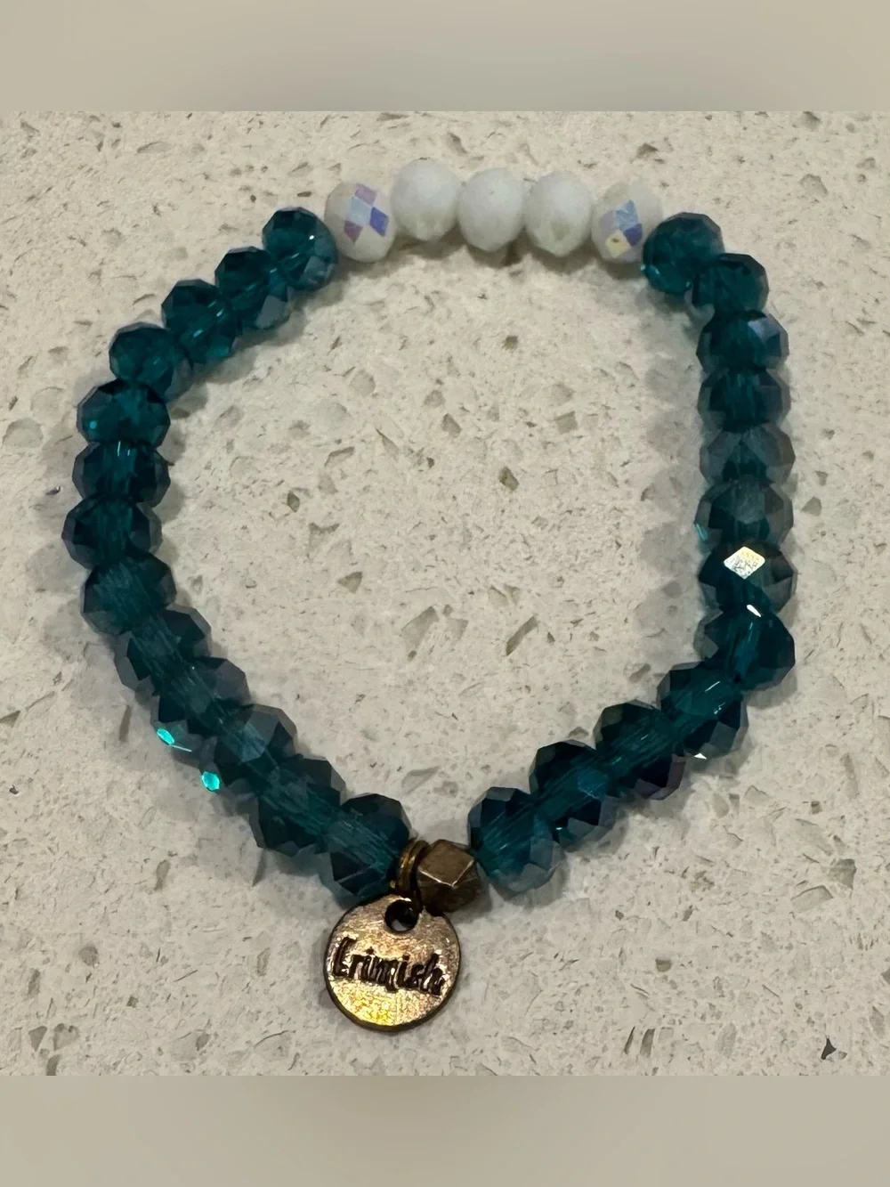 Erimish Teal Crystal Stretch Bracelet with White Accent Beads and Gold Charm